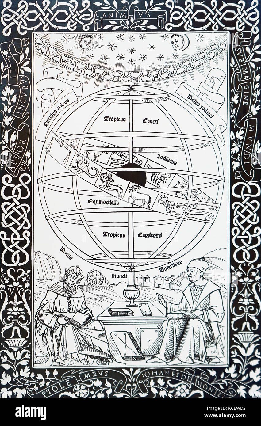 Titelblatt der "Inbegriff in Ptolemaei Almagestum' von Regiomontanus (1436-1476) Mathematiker und Astronom, Übersicht über ein astrolabium. Vom 15. Jahrhundert Stockfoto