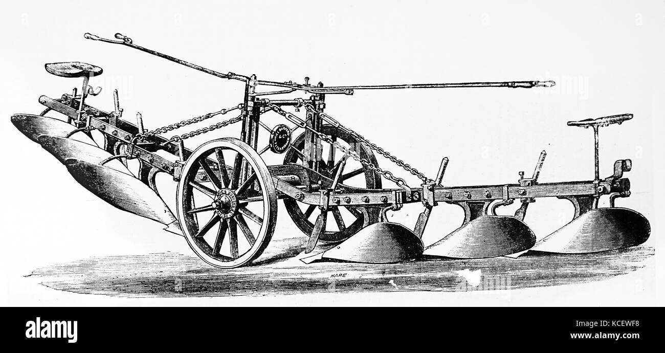 Abbildung: Ein Pflug für Dampf pflügen. Den Pflug an einem Seil und in der Lage, eine Furche, rückwärts und vorwärts fest. Vom 19. Jahrhundert Stockfoto
