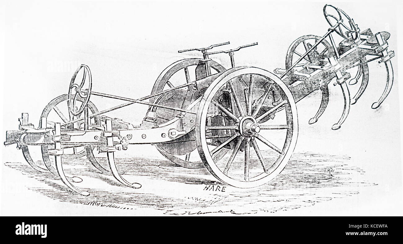 Kupferstich mit der Darstellung eines Vertikutieren Pflug für den Einsatz in Dampf pflügen. Vom 19. Jahrhundert Stockfoto