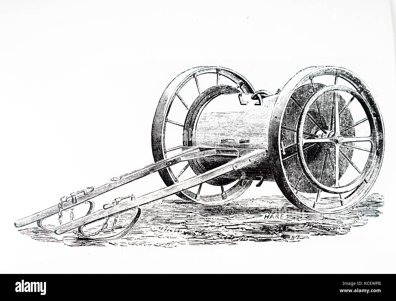 Kupferstich mit der Darstellung eines Wasser Gerätewagen für den Kessel einer Dampfmaschine in mechanische Pflügen verwendet. Vom 19. Jahrhundert Stockfoto