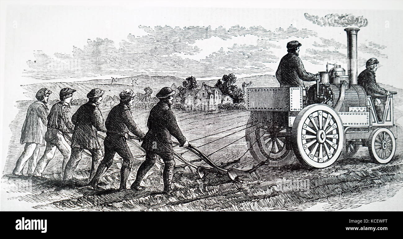 Gravur, Giles' Dampf Stier, einer Dampflok, verwendet werden fünf einzelne furche zu ziehen Pflüge. Vom 19. Jahrhundert Stockfoto