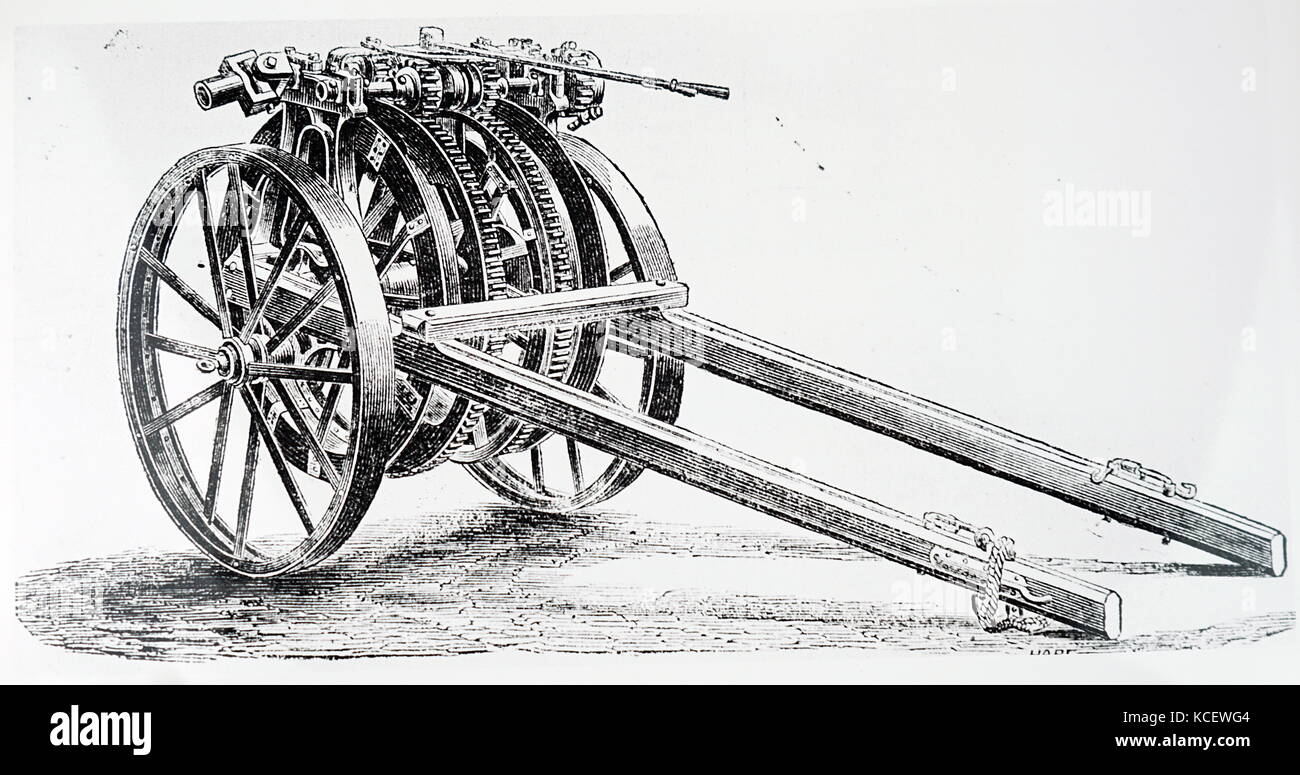 Kupferstich mit der Darstellung der verbesserten Ankerwinsch mit Bremsen und Steuerungen, ausgelegt für Dampf Pflügen von J. Fowler. Vom 19. Jahrhundert Stockfoto