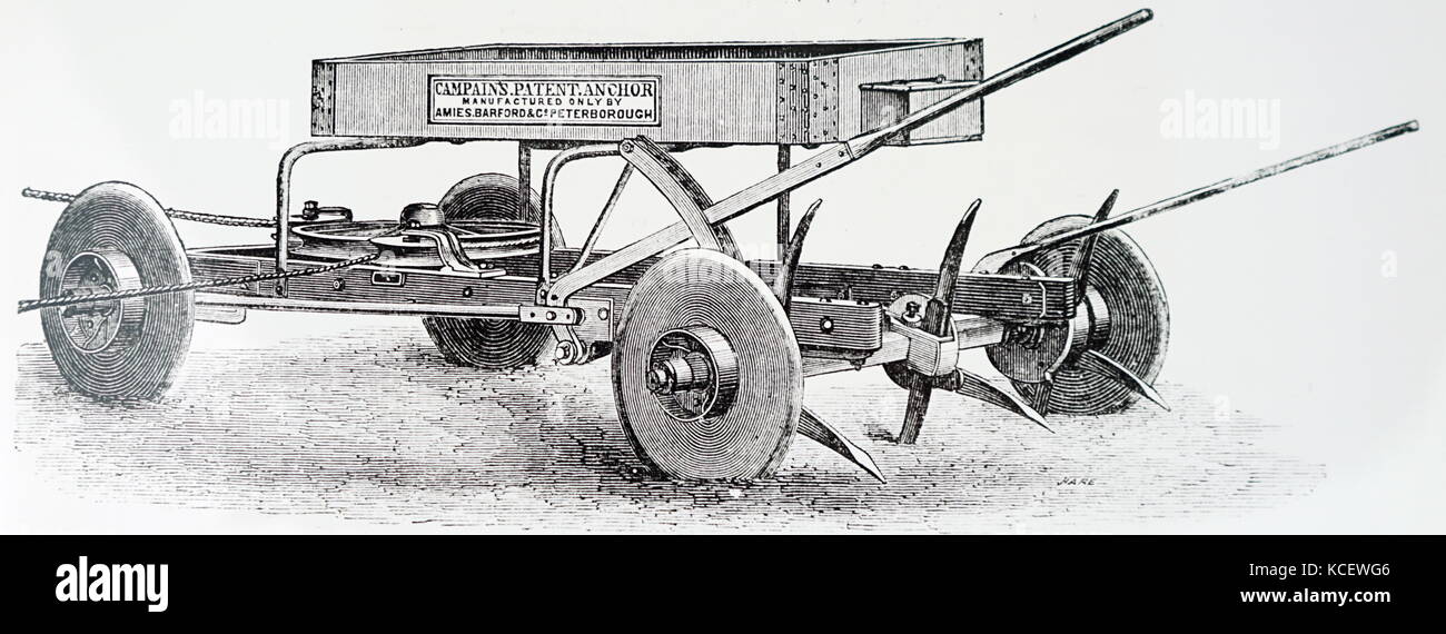 Kupferstich mit der Darstellung eines beweglichen Anker Fahrzeug für den Einsatz an einem Ende eines Feldes als Riemenscheibe Baustein für Seil, an die ein Pflug zu handeln in Dampf pflügen angebracht ist. Vom 19. Jahrhundert Stockfoto