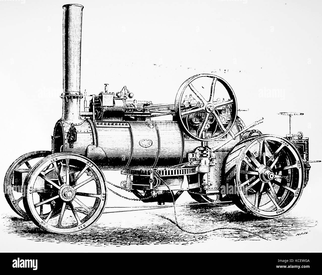 Kupferstich mit der Darstellung eines 12 PS, 1 Zylinder, pflügen Dampfmaschine, mit Trommel Kabel für Ziehen unter dem Kessel ausgerüstet Pflug zu fahren. Vom 19. Jahrhundert Stockfoto