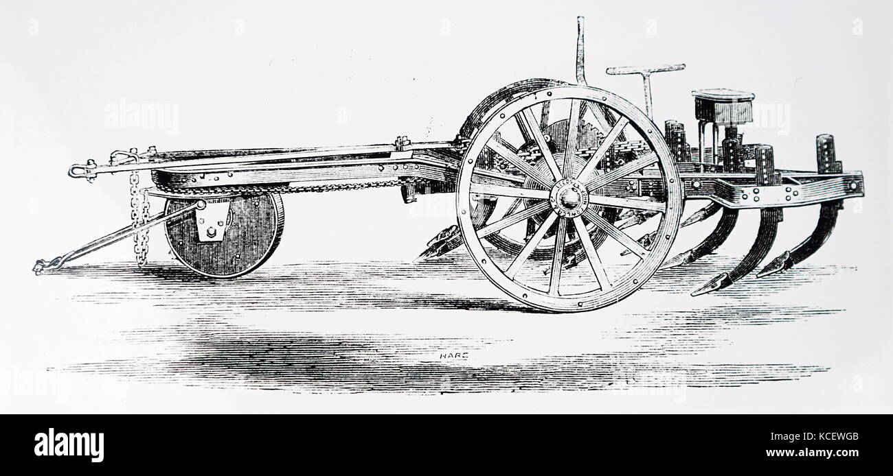 Kupferstich mit der Darstellung eines beweglichen Anker Fahrzeug für den Einsatz an einem Ende eines Feldes als Riemenscheibe Baustein für Seil, an die ein Pflug zu handeln in Dampf pflügen angebracht ist. Vom 19. Jahrhundert Stockfoto