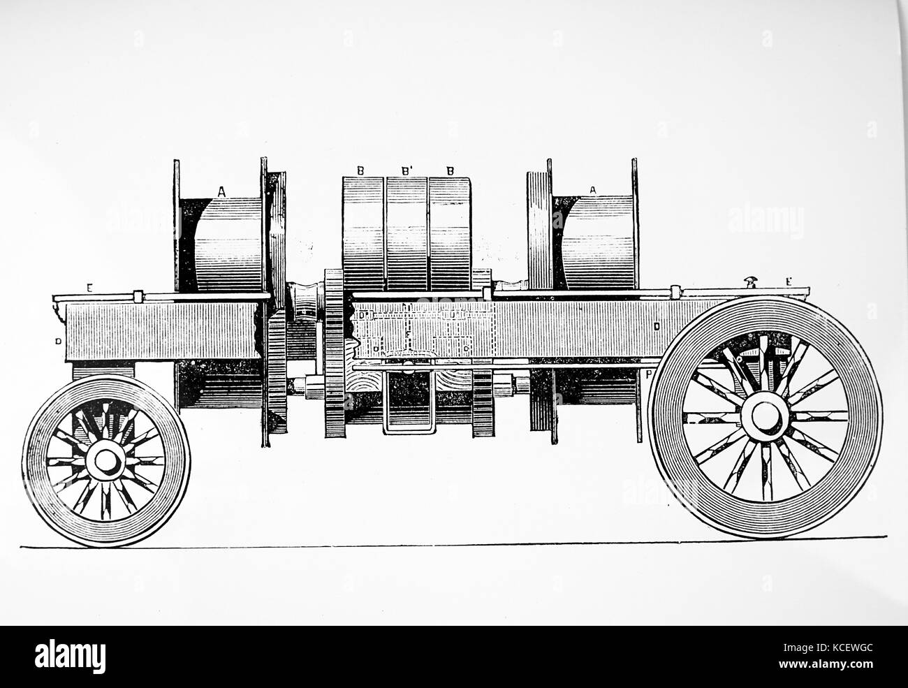 Kupferstich mit der Darstellung eines Dampf pflügen Ankerwinsch entworfen zu trennen von der Dampfmaschine gehalten werden. Vom 19. Jahrhundert Stockfoto