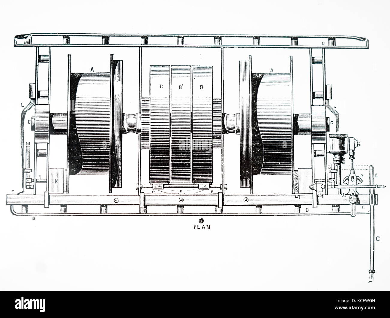 Gravur, der einen Plan für eine ankerwinsch für Dampf Pflügen in England entwickelt. Vom 19. Jahrhundert Stockfoto