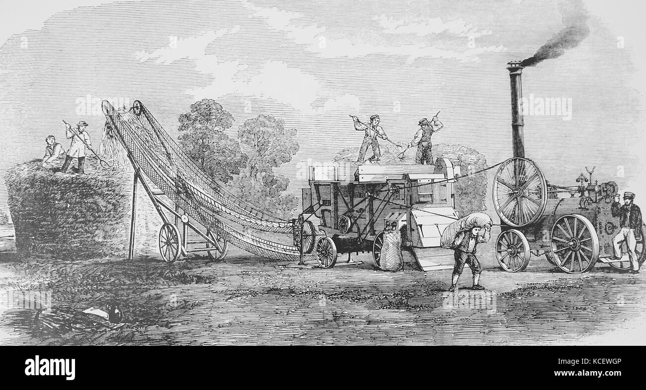 Kupferstich mit der Darstellung eines Wilkinsons, Wright & Co. Die dampfbetriebene Dreschen und stapelmaschine. Vom 19. Jahrhundert Stockfoto