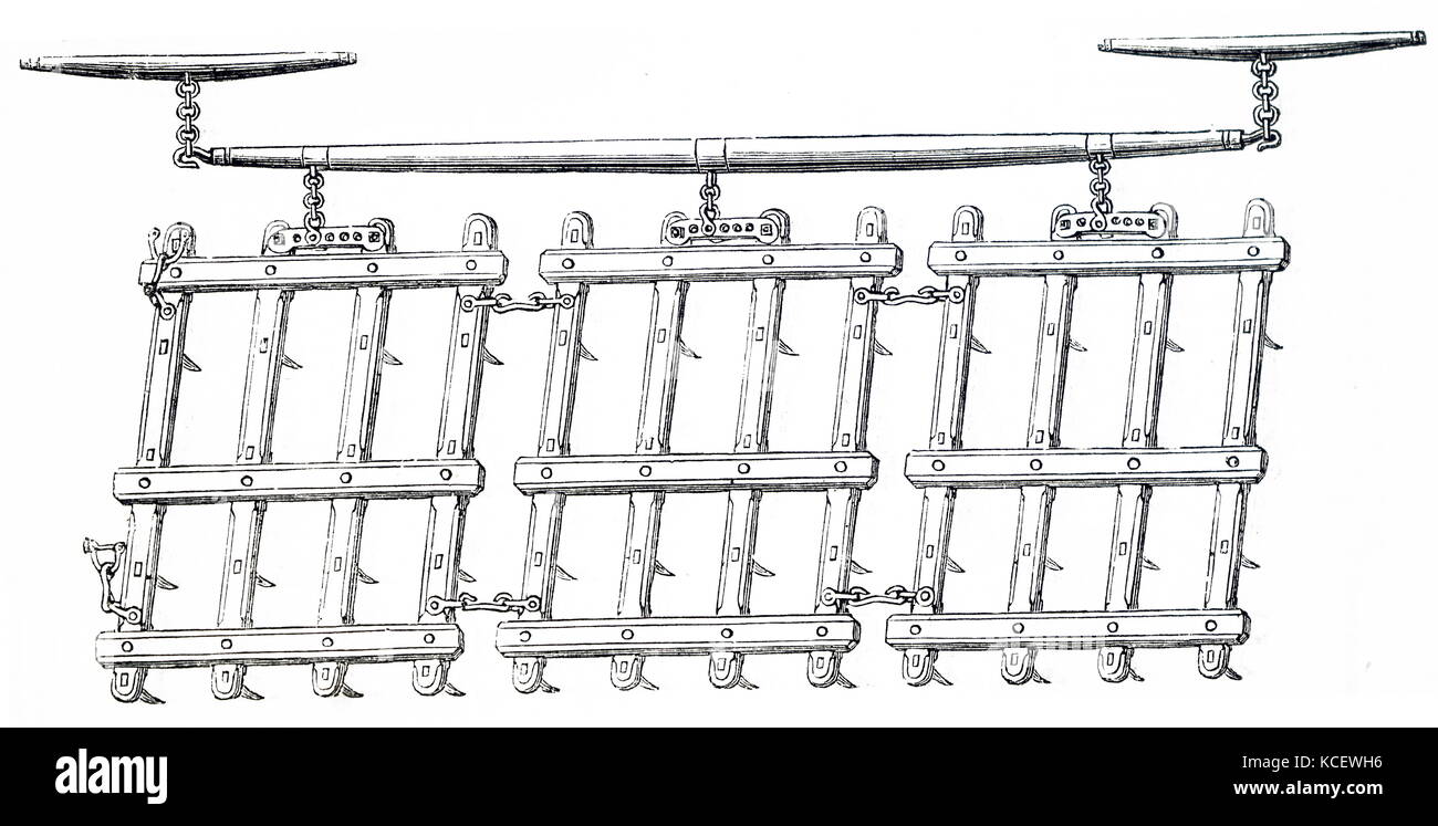 Kupferstich mit der Darstellung eines gemeinsamen Art von Kissen Harrow, die verwendet würden, um das Aufbrechen zu implementieren und Glättung der Oberfläche des Bodens. Vom 19. Jahrhundert Stockfoto