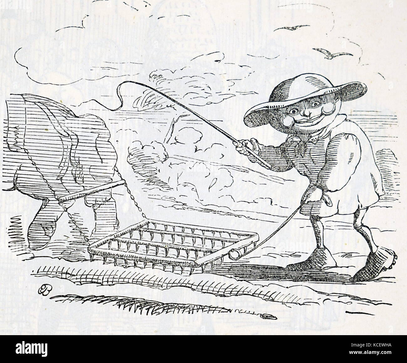 Cartoon zeigt eine Kette harrow verwendet wird das Brechen bis zu implementieren und Glättung der Oberfläche des Bodens. Vom 19. Jahrhundert Stockfoto
