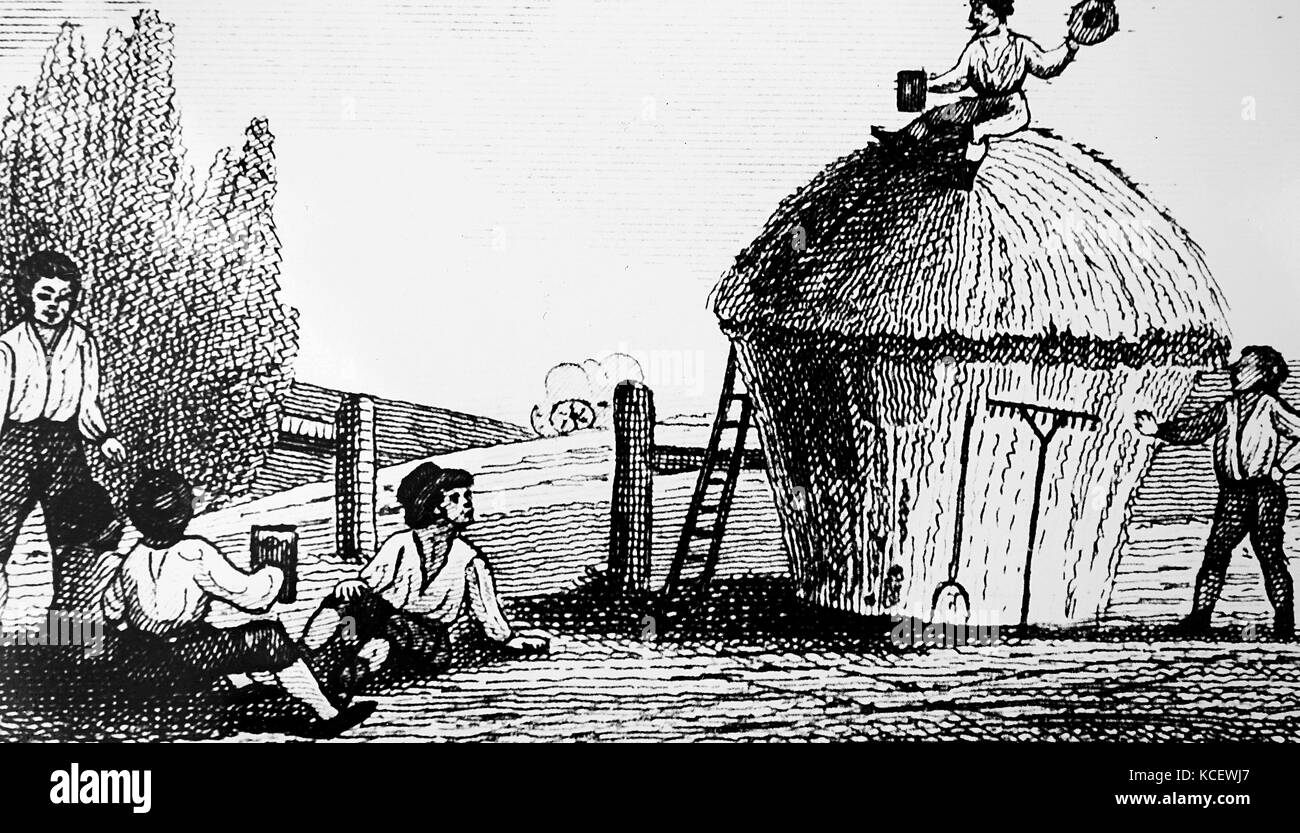 Gravur, die Landarbeiter in den Feldern nach der Zusammenkunft in der gerstenernte ruht. Vom 19. Jahrhundert Stockfoto