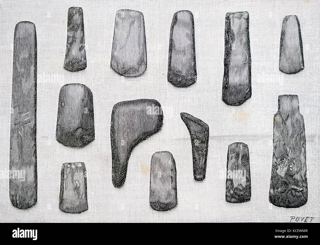Sammlung der geschnitzten Boden Stein aus Laos, Asien. Vom 5. Jahrhundert v. Chr. Stockfoto