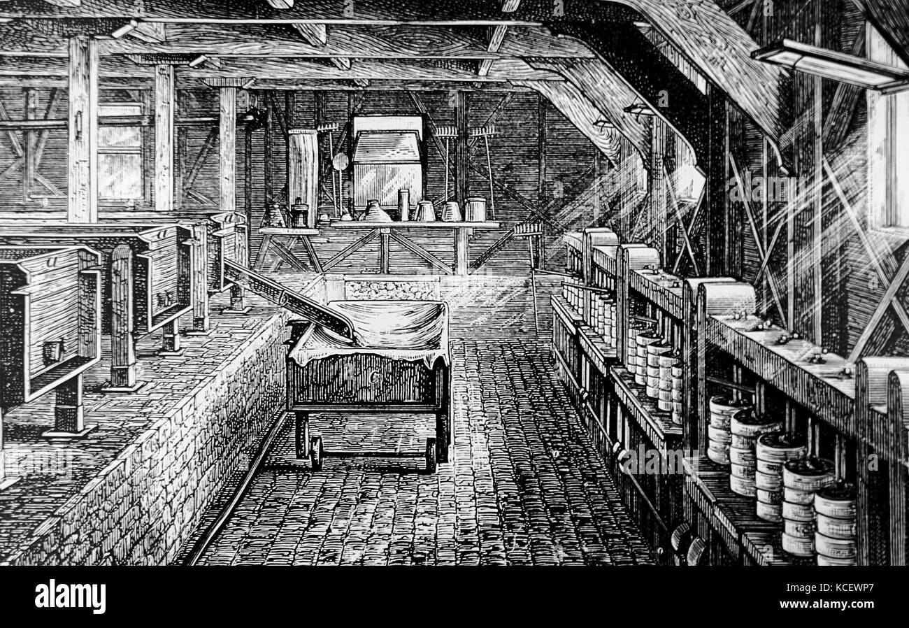 Gravur, die das Innere der Longford Käserei, die erste in England gebaut werden. Die Zimmer: Wenn der richtige Säuregehalt erreicht, die meisten von Molke wurde von siphon gezeichnet. Die restlichen Quark erlaubt wurde, die Rutsche hinunter in einem trockenen - Mehrwertsteuer, die das Tuch der Bruch von der Molke zu belasten. Salz wurde dann auf den Quark hinzugefügt, bevor es in Pressen gesetzt wurde. Vom 19. Jahrhundert Stockfoto