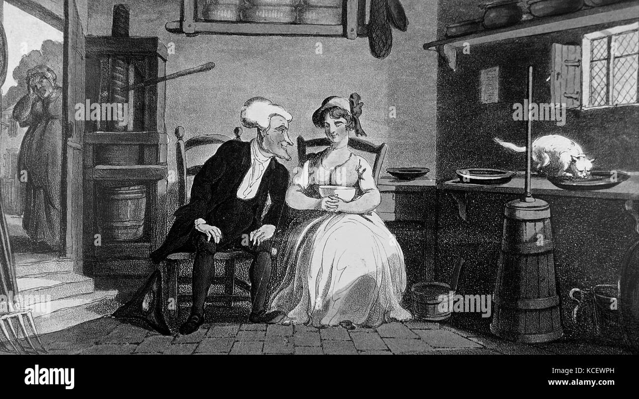 Cartoon, Dr. Syntax, eine Comic-figur erstellt von William Combe und Thomas Rowlandson die Cartoonistin, flirten mit einem milchfrauen. William Combe (1742-1823) ein Britischer diverses Schriftsteller. Thomas Rowlandson (1756-1827) ein englischer Künstler und Karikaturist. Vom 19. Jahrhundert Stockfoto