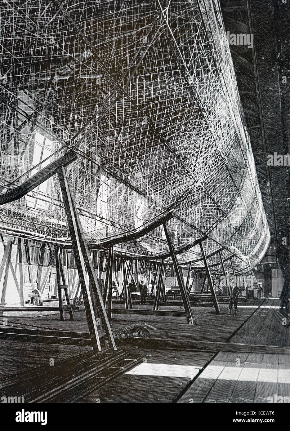 Kupferstich mit der Darstellung der Zeppelin Luftschiff in der Aufhänger. Nach dem Deutschen Ferdinand Graf von Zeppelin (1838-1917) ein deutscher General und späteren Flugzeughersteller benannt. Vom 20. Jahrhundert Stockfoto