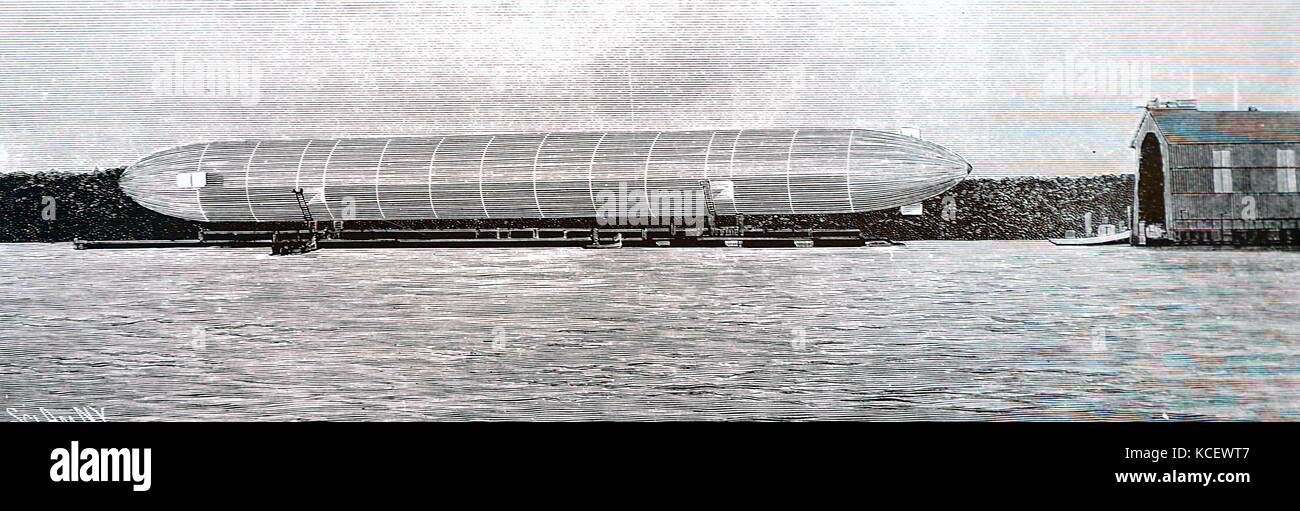 Kupferstich mit der Darstellung der Zeppelin Luftschiff, am Bodensee, nach der Deutschen Ferdinand Graf von Zeppelin (1838-1917) ein deutscher General und späteren Flugzeughersteller benannt. Vom 20. Jahrhundert Stockfoto
