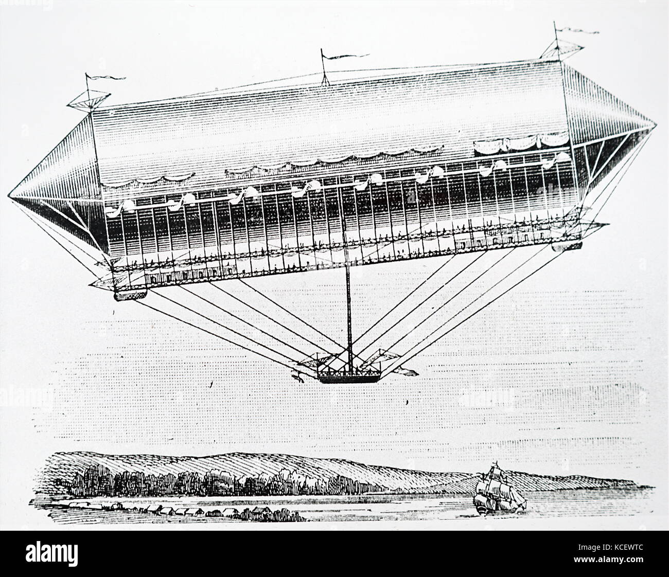 Gravur Darstellung Gabrien Yon's Design für ein Luftschiff mit Dampf betrieben. Vom 20. Jahrhundert Stockfoto