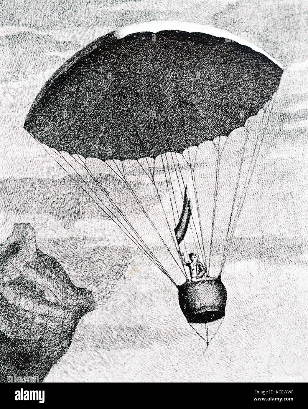 Gravur Darstellung André-Jacques Garnerin seinen ersten Fallschirm Abstieg zu machen. André-Jacques Garnerin (1769-1823) eine französische Ballonfahrer und Erfinder der rahmenlosen Fallschirm. Vom 18. Jahrhundert Stockfoto