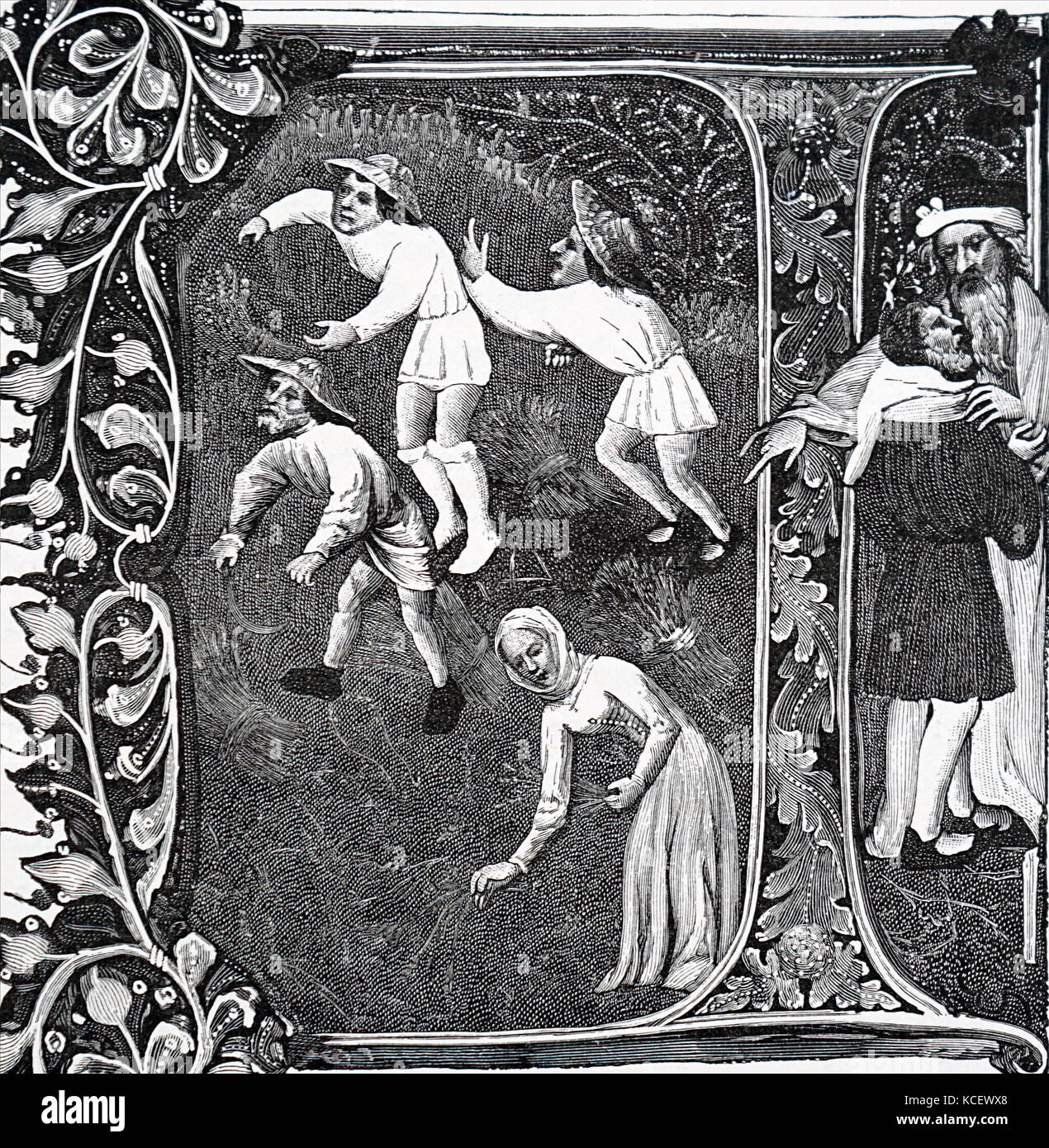 Erste Beleuchtung, Schnitter und Gleaner. Vom 15. Jahrhundert Stockfoto