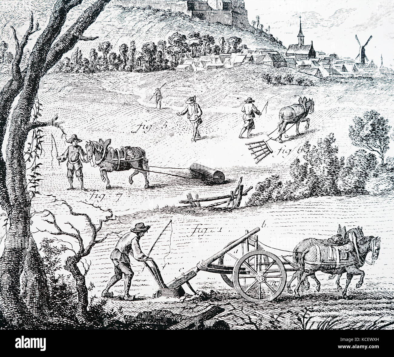 Gravur mit landwirtschaftlichen Aktivitäten: Pflügen, Säen, Wälzlager und Eggen. Vom 18. Jahrhundert Stockfoto