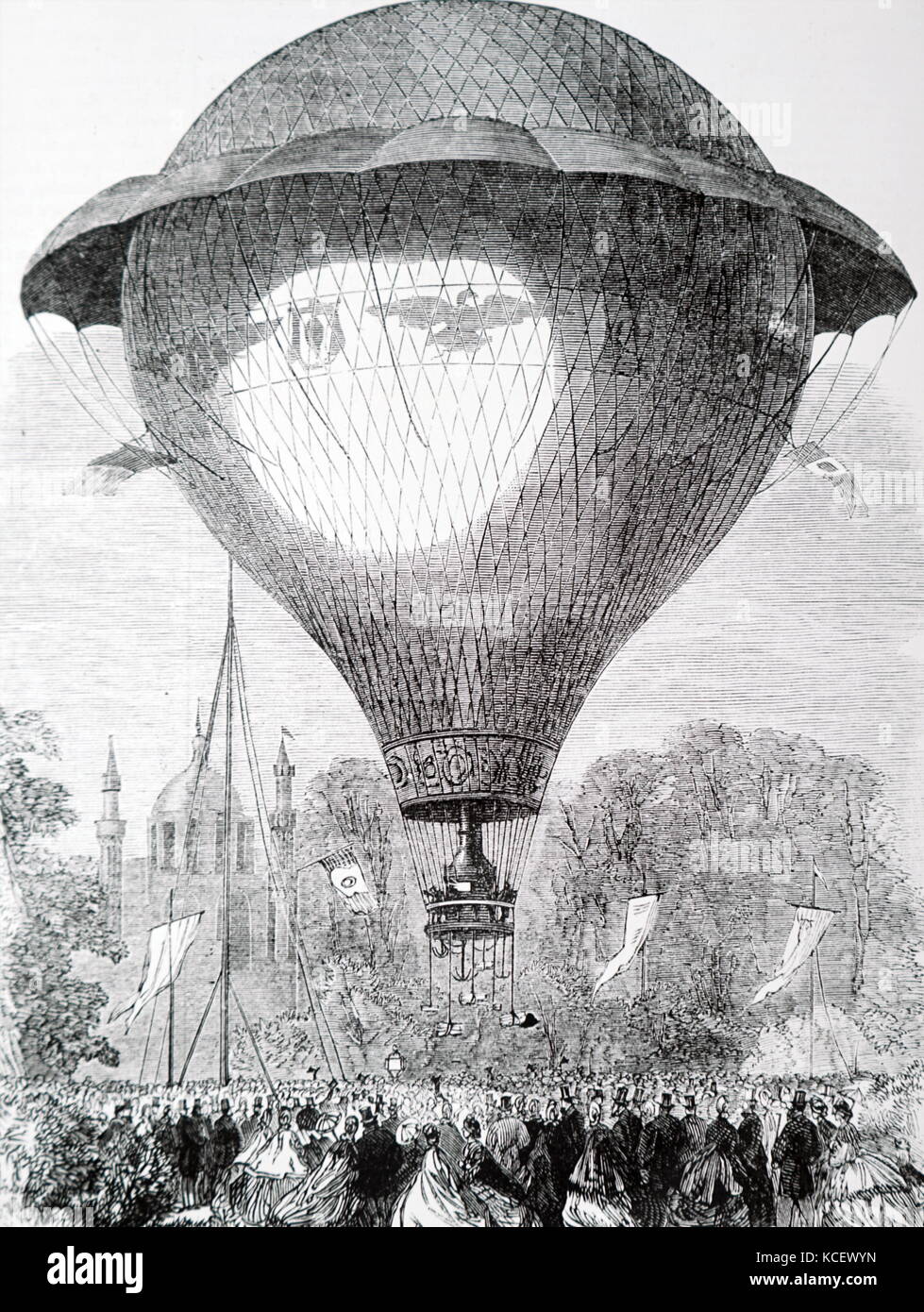 Kupferstich mit der Darstellung der Aufstieg der Montgolfier Ballon vom Cremorne Gardens, London. Vom 19. Jahrhundert Stockfoto