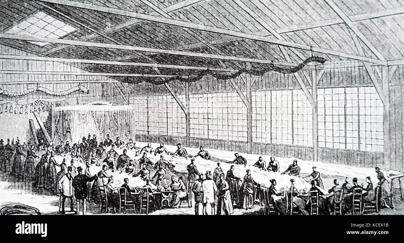 Kupferstich mit der Darstellung der Herstellung der Fesselballon für die cremorne Gardens, London. Vom 19. Jahrhundert Stockfoto