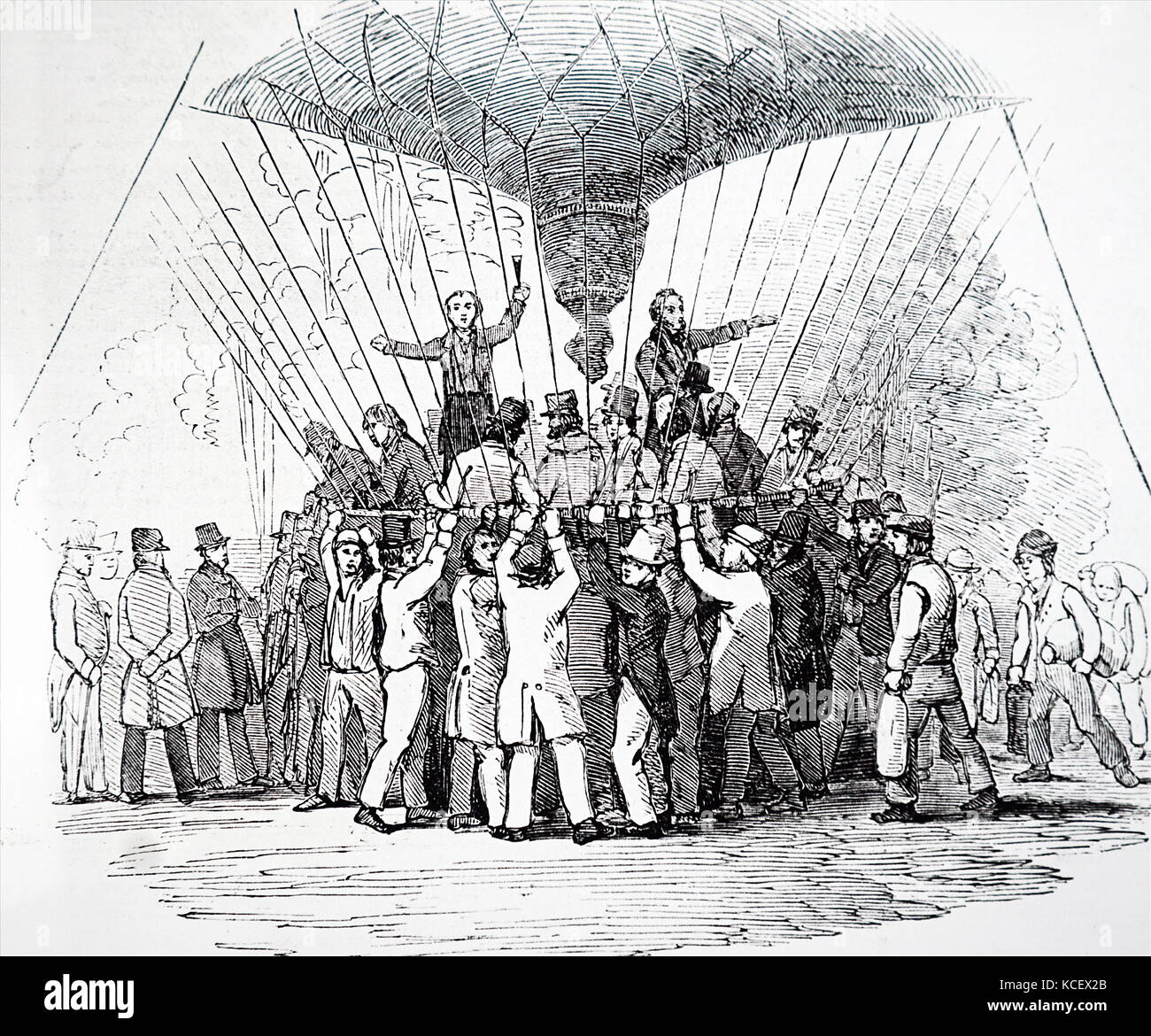 Kupferstich mit der Darstellung der 'Nassau' Ballon über von Vauxhall Gardens, London zu besteigen. Vom 19. Jahrhundert Stockfoto