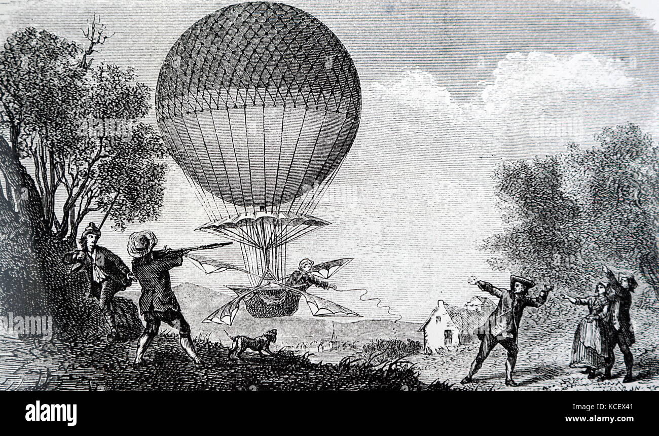 Gravur, Jean-Pierre Blanchard's Ballon. Vom 18. Jahrhundert Stockfoto
