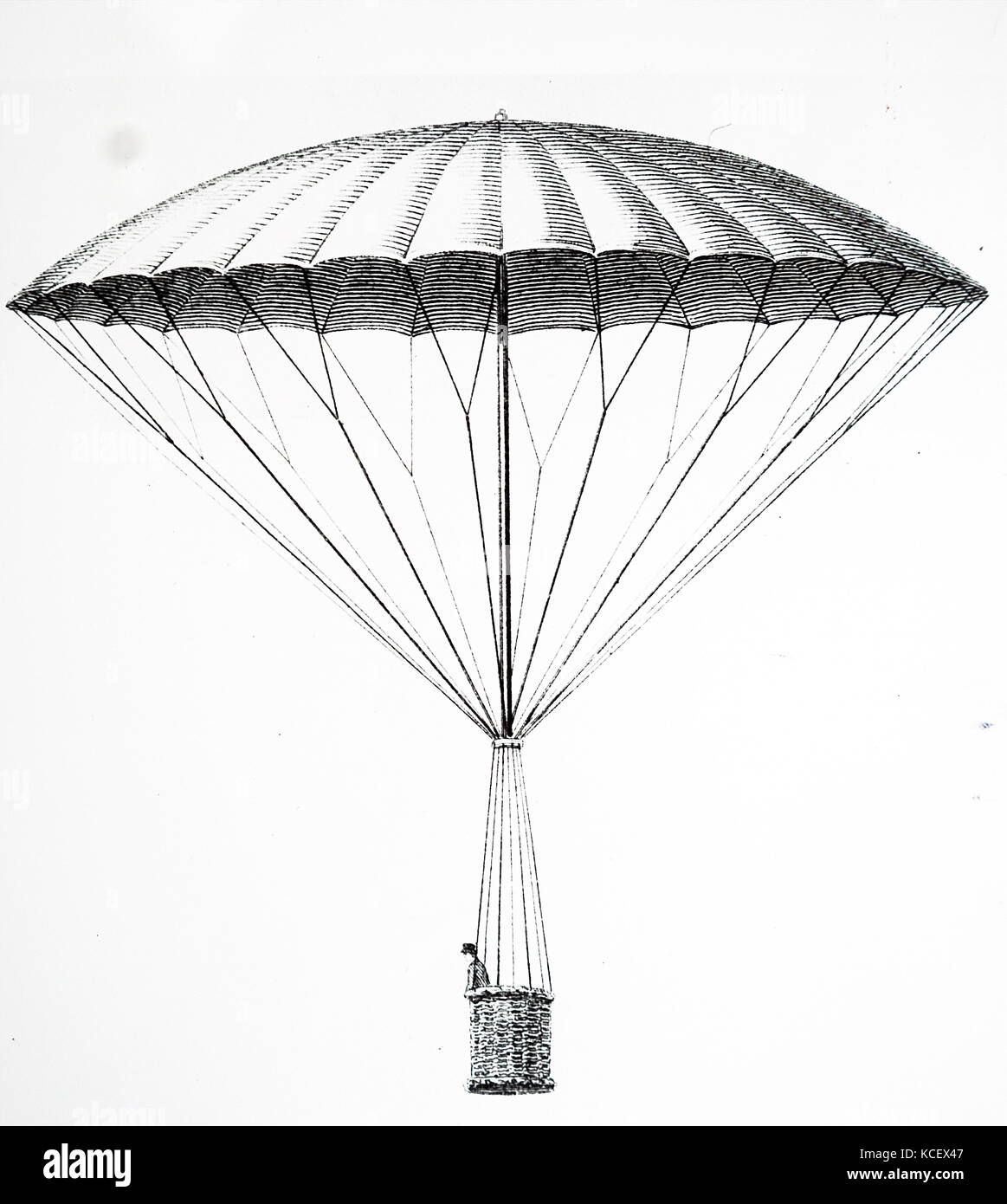 Gravur Darstellung André-Jacques Garnerin seinen ersten Fallschirm Abstieg zu machen. André-Jacques Garnerin (1769-1823) eine französische Ballonfahrer und Erfinder der rahmenlosen Fallschirm. Vom 18. Jahrhundert Stockfoto