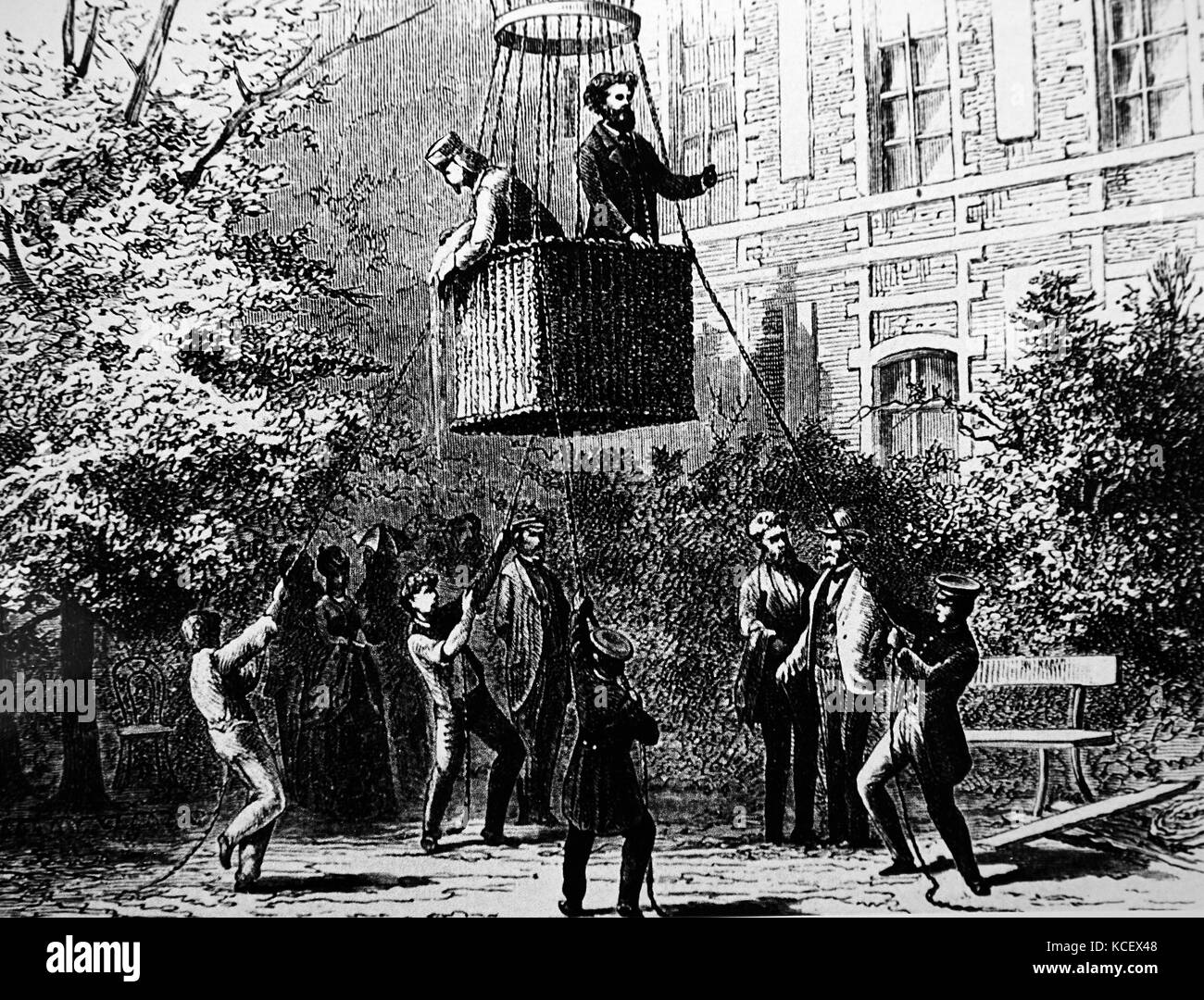 Gravur, Nicolas Camille Flammarion aufsteigend in einem Ballon. Nicolas Camille Flammarion (1842-1925), ein französischer Astronom und Autor. Vom 19. Jahrhundert Stockfoto
