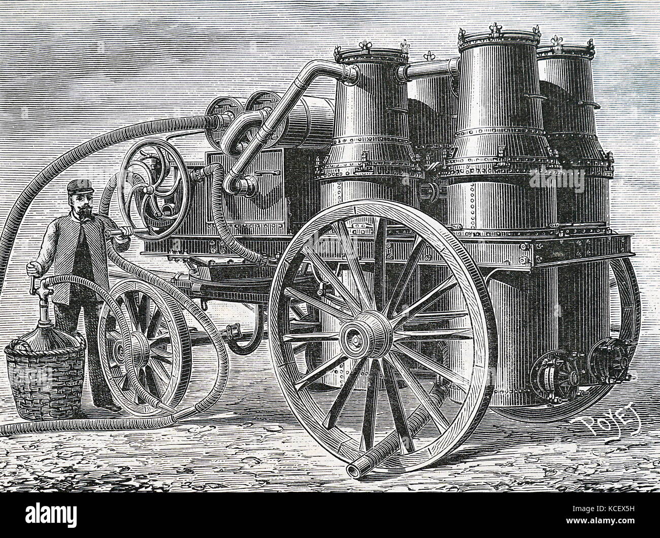 Kupferstich mit der Darstellung eines Wasserstoff, die Maschine erzeugen in der Aufpumpen der militärischen Ballons verwendet. Vom 19. Jahrhundert Stockfoto