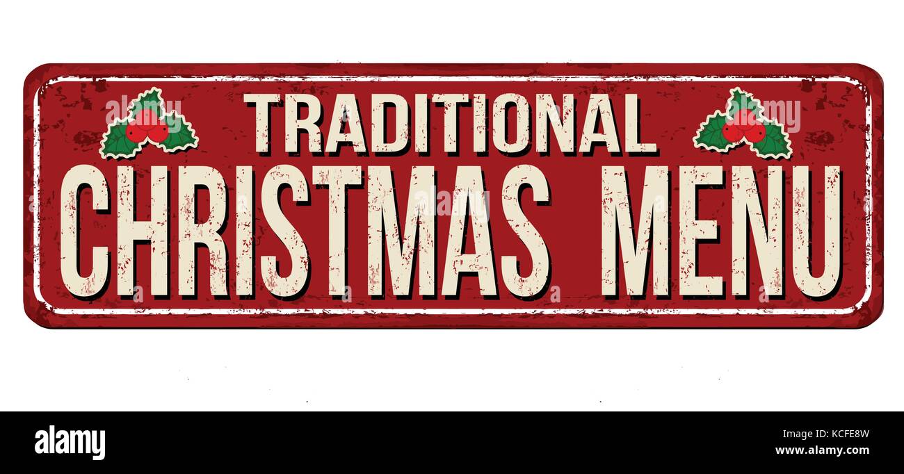 Traditionelle Weihnachtsmenü vintage rostiges Metall Zeichen auf weißem Hintergrund, Vector Illustration Stock Vektor