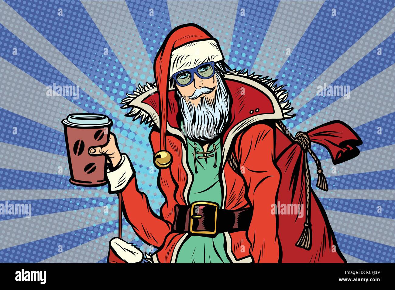 Close-up hipster Santa Claus mit einer Tasse Kaffee Stock Vektor