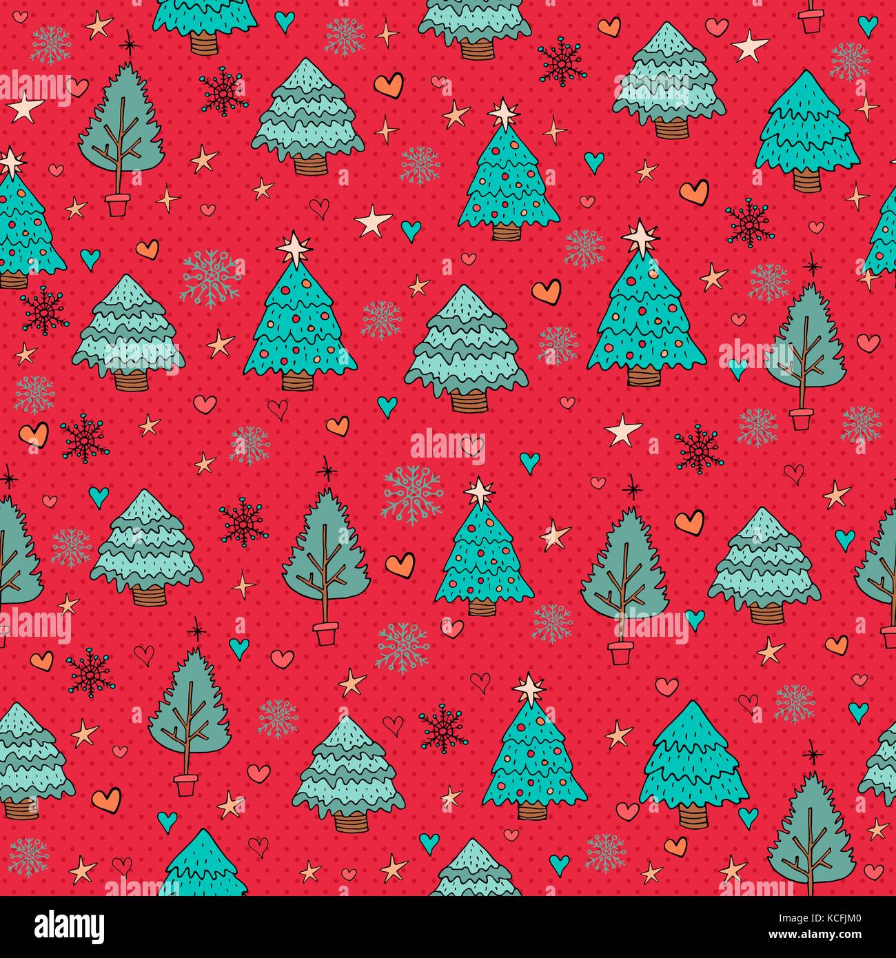 Weihnachtlich handgezeichnetes nahtloses Muster, Weihnachtskiefern mit Weihnachtsdekoration. EPS10-Vektor. Stock Vektor