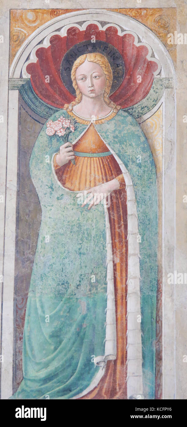 Fresko der hl. Fina in der Kirche von Sant Agostino in San Gimignano, Toskana, Italien Stockfoto