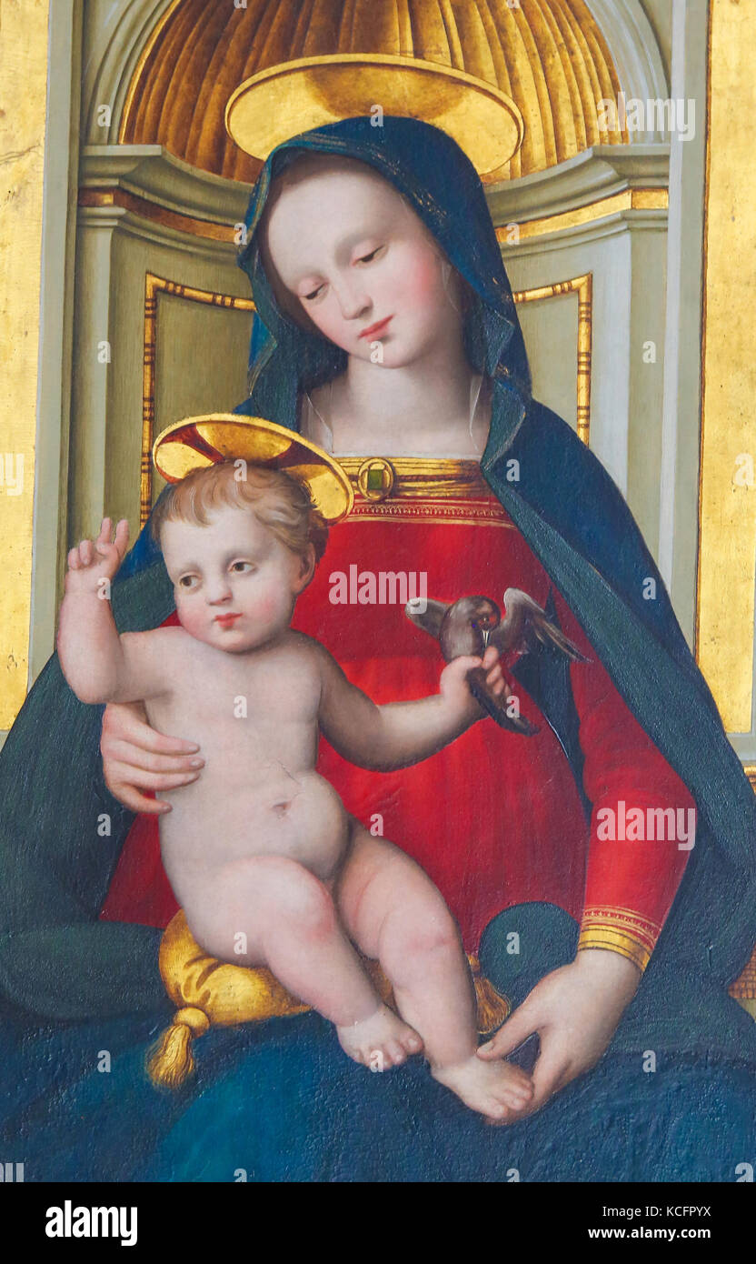Madonna mit Kind, 16. Jahrhundert Malerei in der Kirche von Sant Agostino in San Gimignano, Toskana, Italien, von ridolfo Del Ghirlandaio Stockfoto