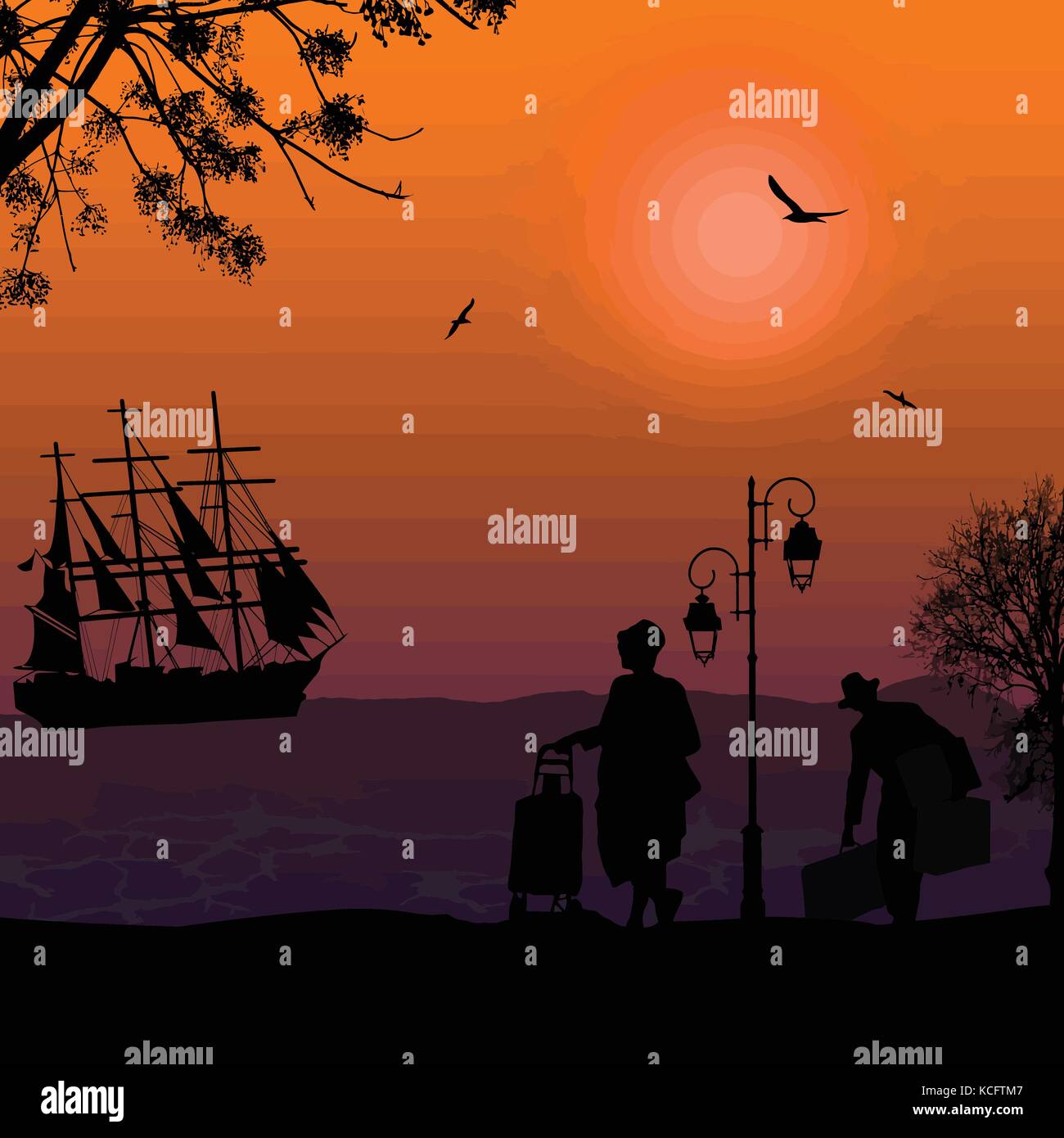 Silhouette eines Schiffes im Meer und reisende Menschen bei Sonnenuntergang, Vector Illustration Stock Vektor