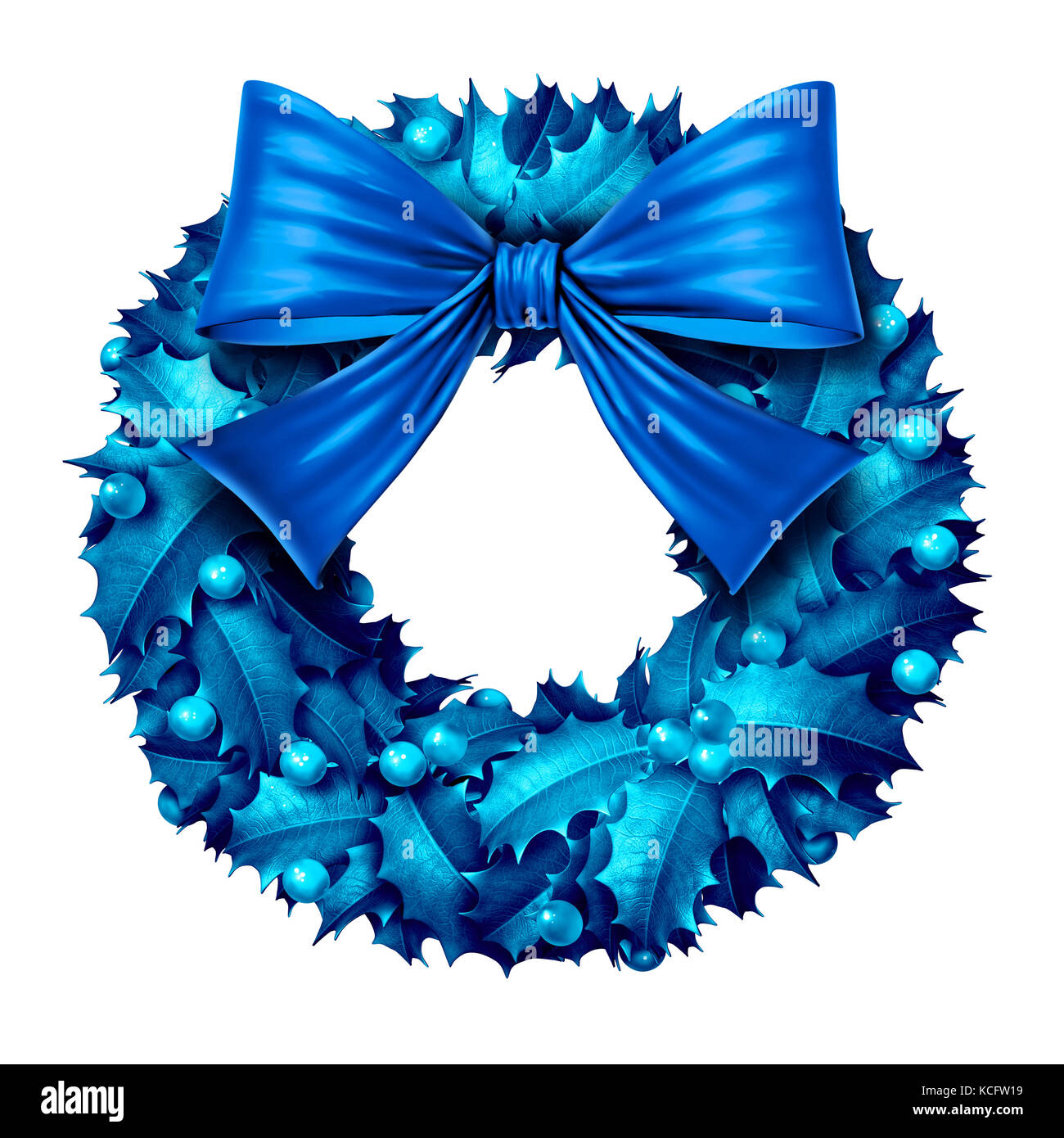 Blauer Kranz isoliert auf weißem Hintergrund als weihnachtsfeiertag-Ornament-Objekt als 3D-Illustration. Stockfoto