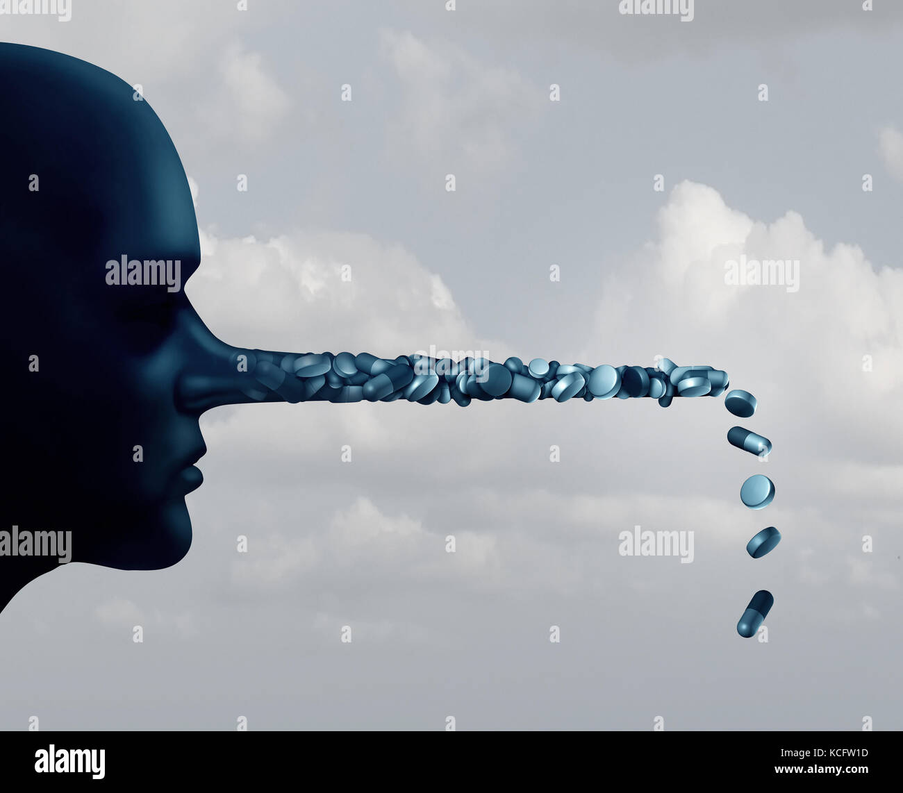 Pharmazeutische Lügen und Täuschung in der Medizin und Medikamente Unehrlichkeit Konzept wie eine Person mit einer langen Lügner Nase aus Pillen. Stockfoto