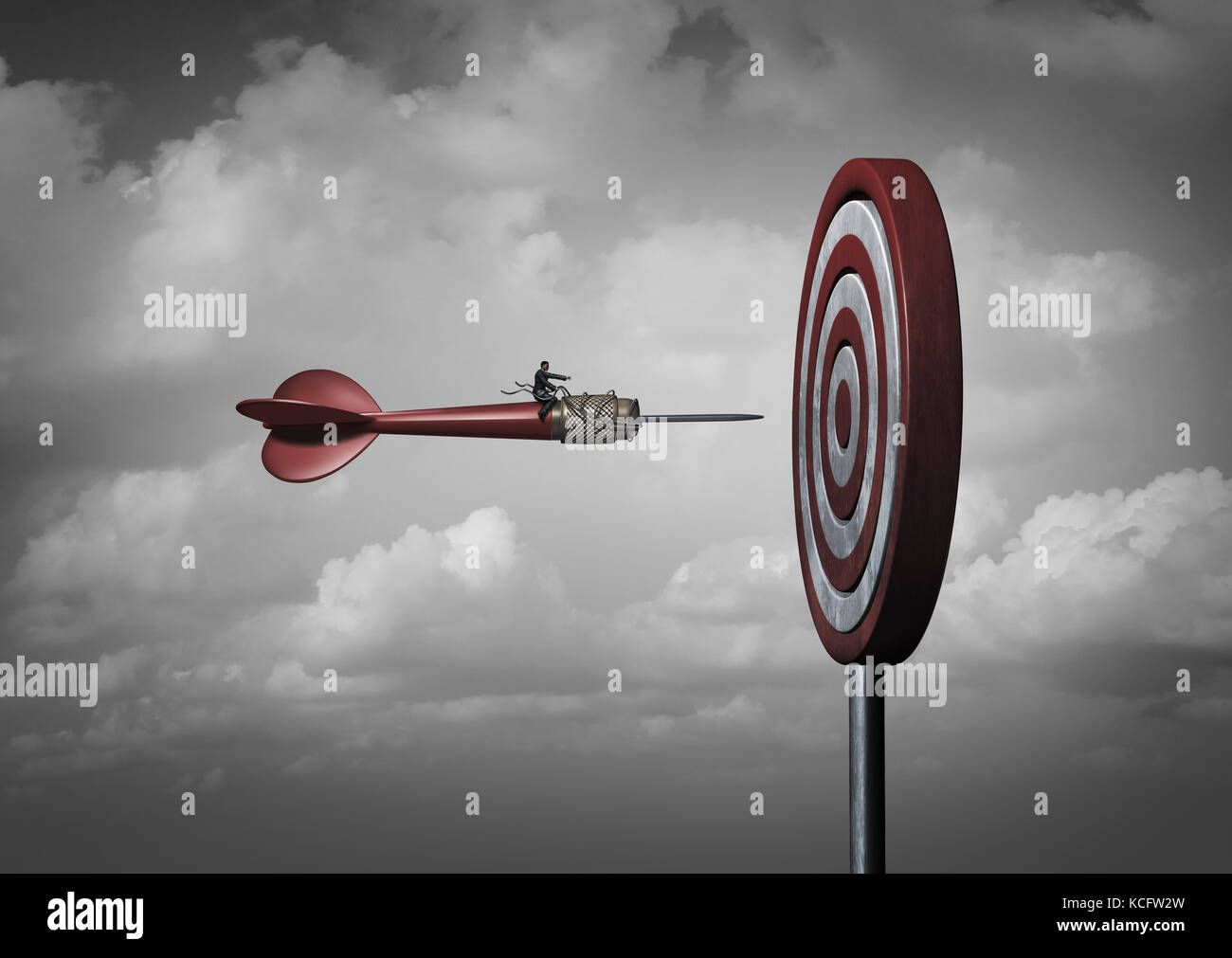 Business Mission Ziel Targeting als Manager auf einem Dart auf ein Bullauge als Corporate oder Leben Ziel Metapher mit der 3D-Abbildung Elemente konzentriert. Stockfoto
