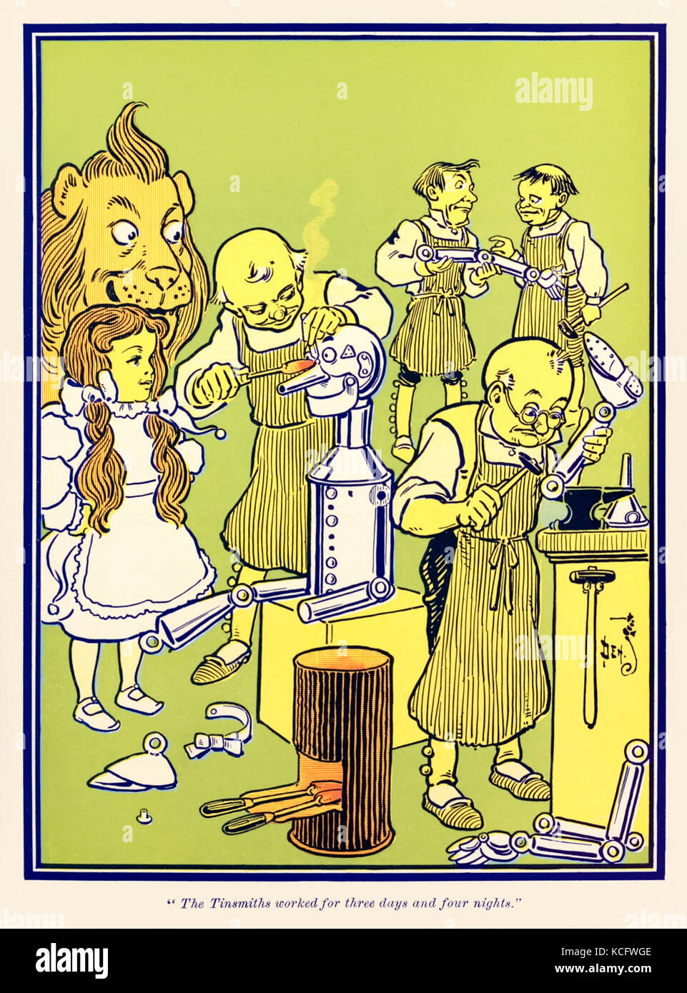 "Die blechschmiede arbeitete für drei Tage und vier Nächte." aus "Der Zauberer von Oz" von L.Frank Baum (1856-1919) mit Bildern von W. W. Denslow (1856-1915). Weitere Informationen finden Sie unten. Stockfoto
