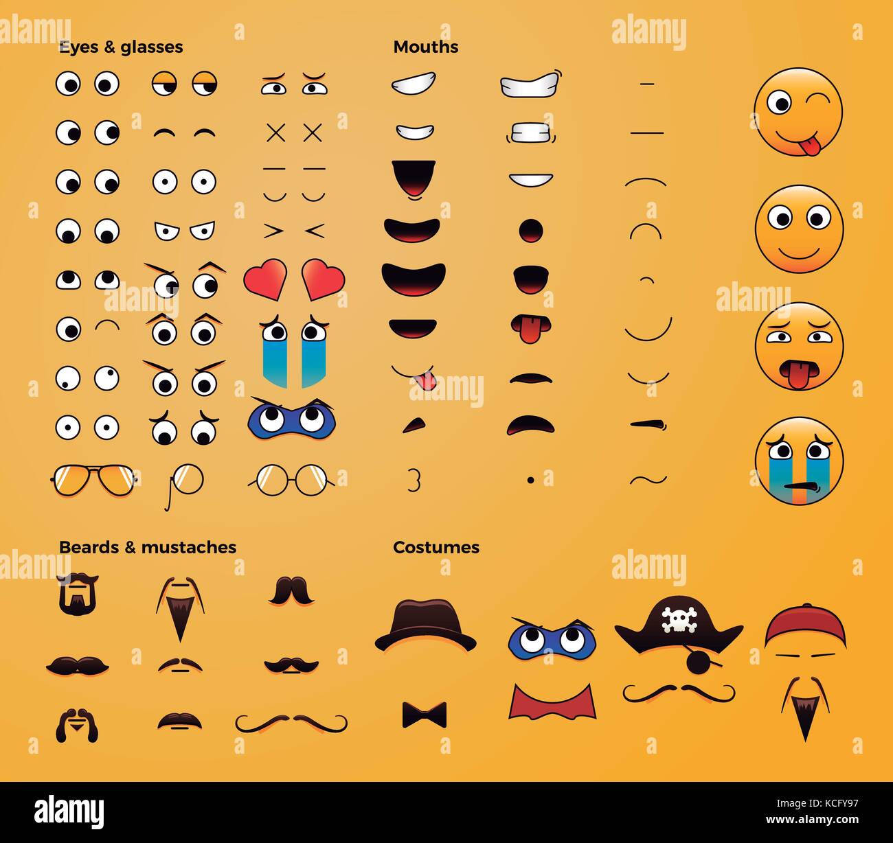 Ihre eigenen Emoji smiley machen. vector eps Datei leicht bearbeitbaren für  Sie Tausende Ihrer eigenen Variationen von Emoticons zu machen. Augen,  Münder, Bärte, Acces Stock-Vektorgrafik - Alamy