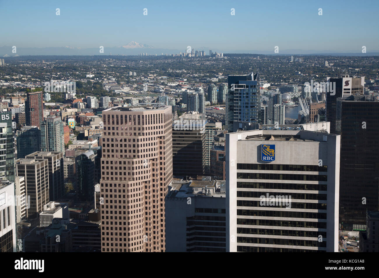 Nordamerika, Kanada, Britisch Kolumbien, Vancouver, hohe Betrachtungswinkel in der Nähe der Hafen von Vancouver, Skyline der Stadt. Stockfoto