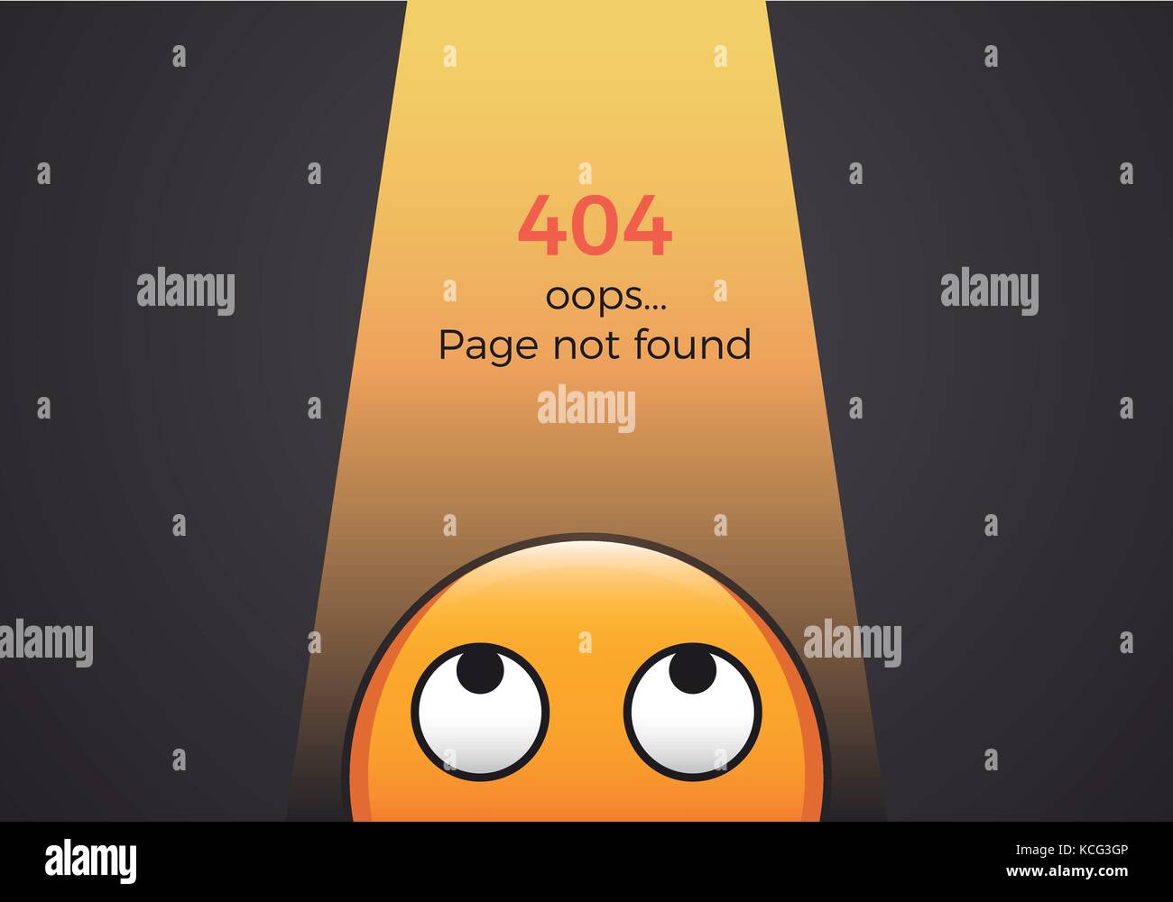 Emoticon in einem dunklen Raum mit einer Lampe, die aufleuchtet, ihn und die "404 Seite nicht gefunden" Fehlermeldung. Vector Illustration Stock Vektor