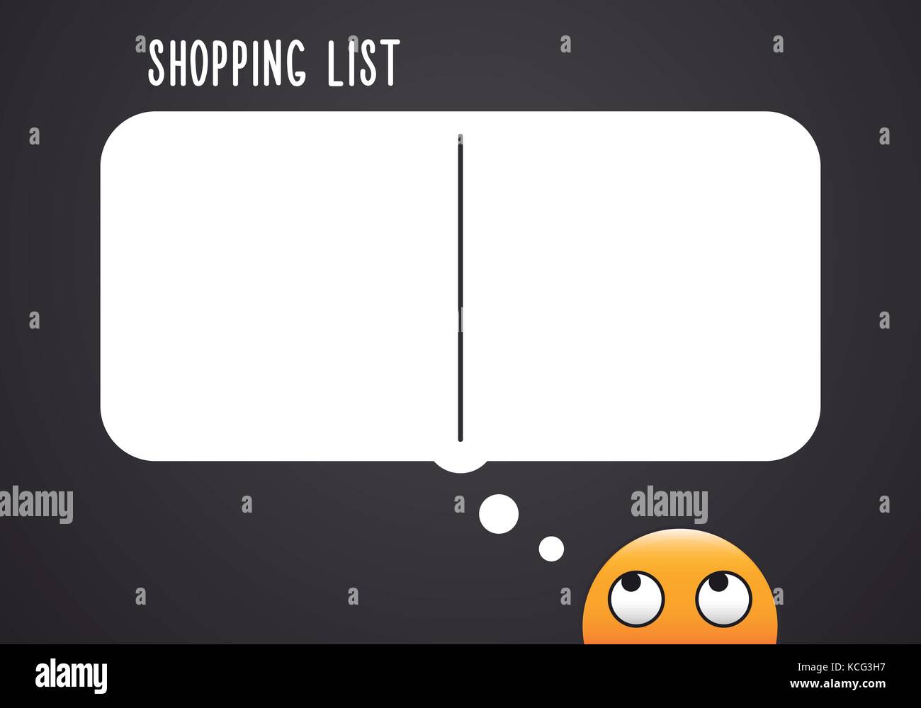 Einkaufsliste mit Kopie Raum für ihr eigenes Personal Shopping Erinnerung. Vector Illustration Konzept mit emoticon, darüber nachzudenken, was er braucht einen zu kaufen Stock Vektor
