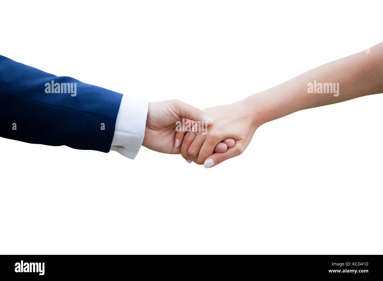 Hochzeit Paar, Hände auf Weiß mit Freistellungspfad isoliert Stockfoto