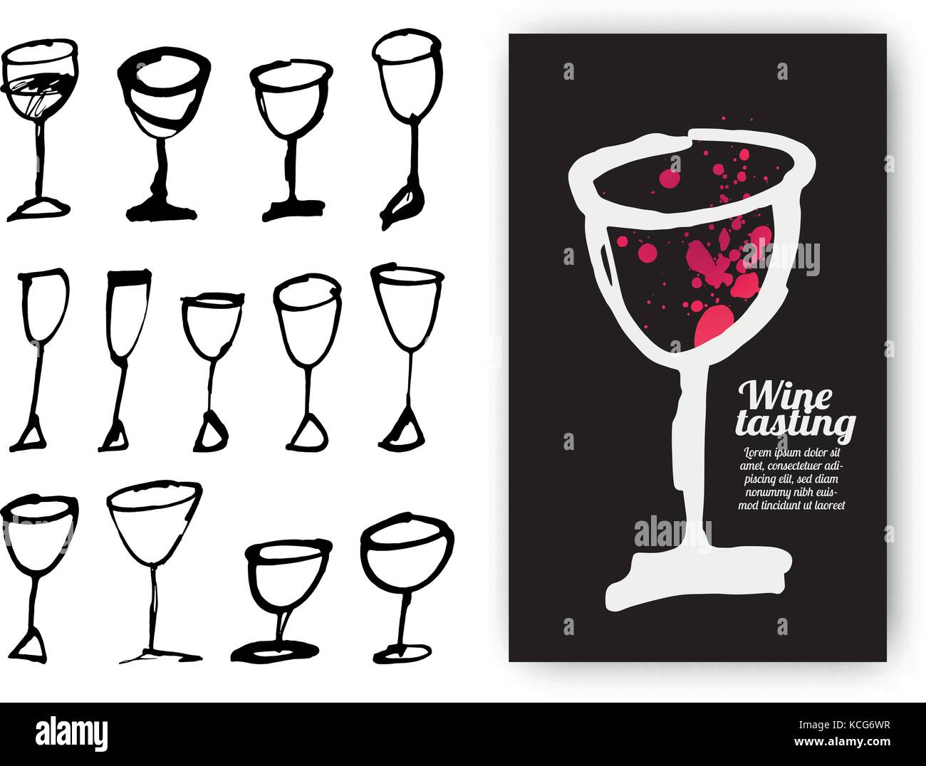 Satz von Hand gezeichnet drink Cups. Abbildung: design Schablone mit Glas Wein. Vector Illustration Stock Vektor
