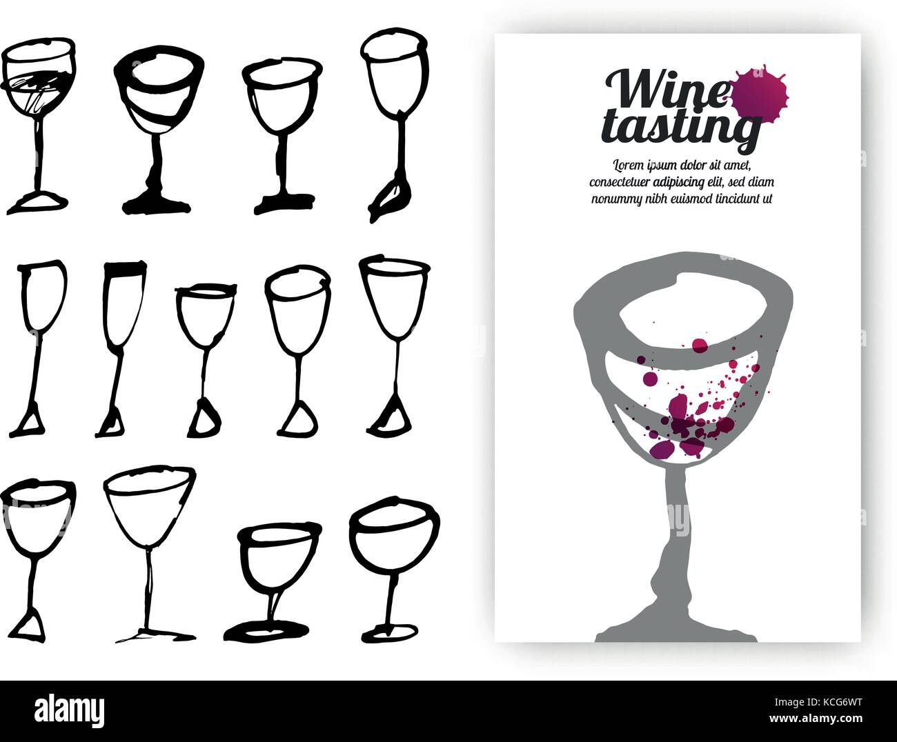 Satz von Hand gezeichnet drink Cups. Abbildung: design Schablone mit Glas Wein. Vector Illustration Stock Vektor