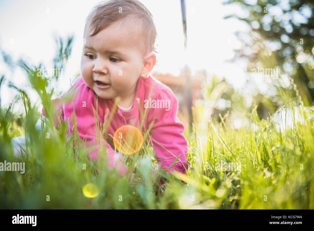 Happy Baby rose Pullover tragen, spielen auf dem Rasen Stockfoto