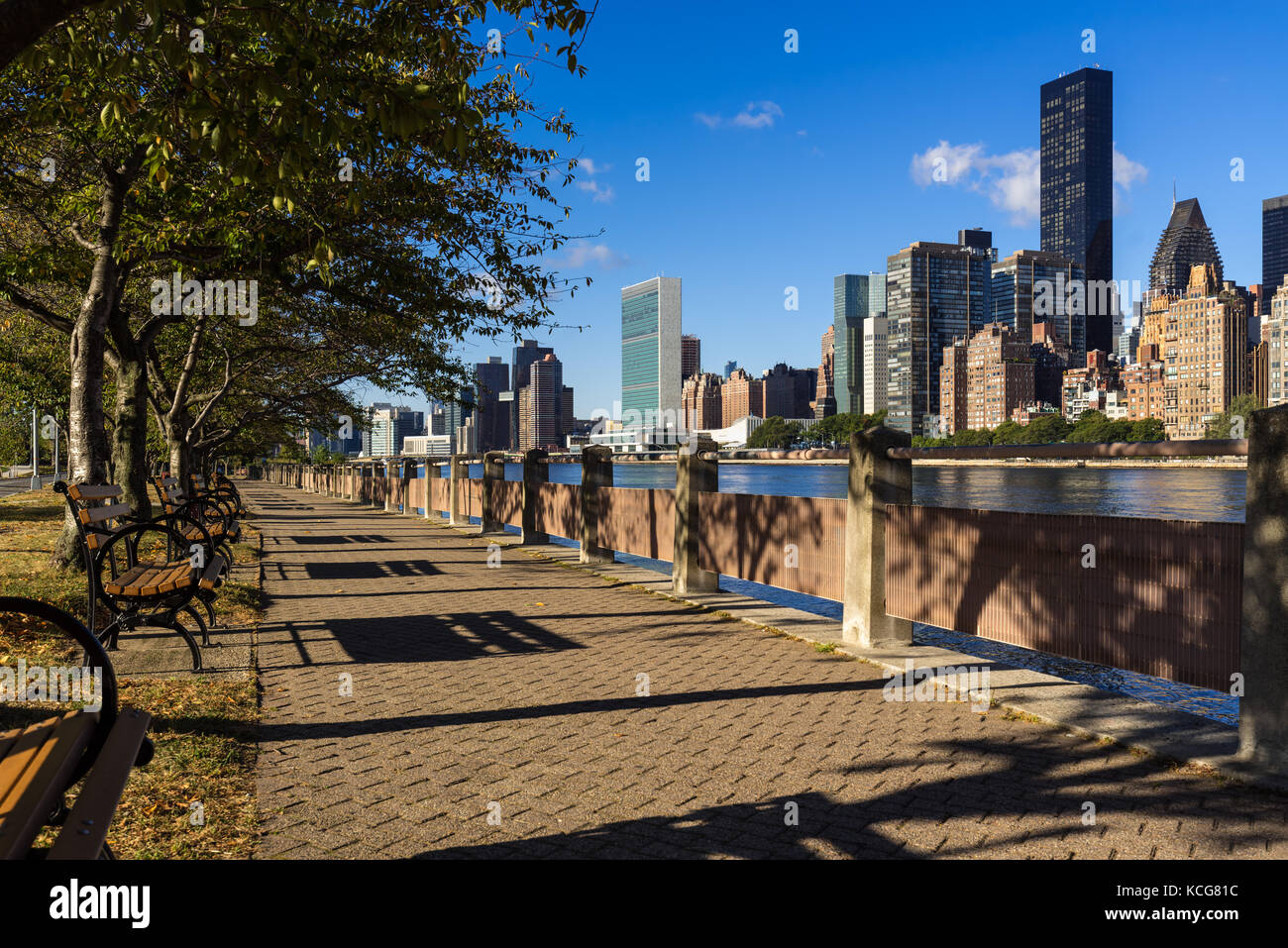 Morgen Blick auf Manhattan Midtown East Wolkenkratzer von Roosevelt Island mit dem East River. New York City Stockfoto